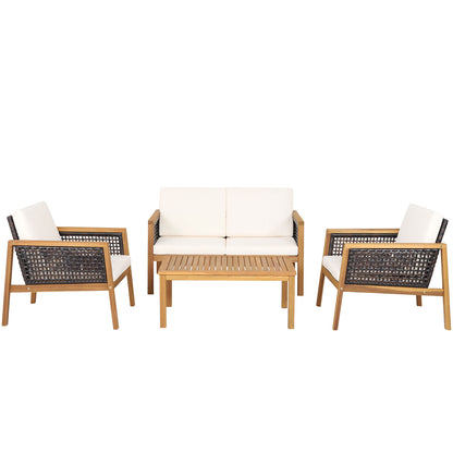 4-Piece Patio Acacia Wood Furniture Set with Removable Cushions-White