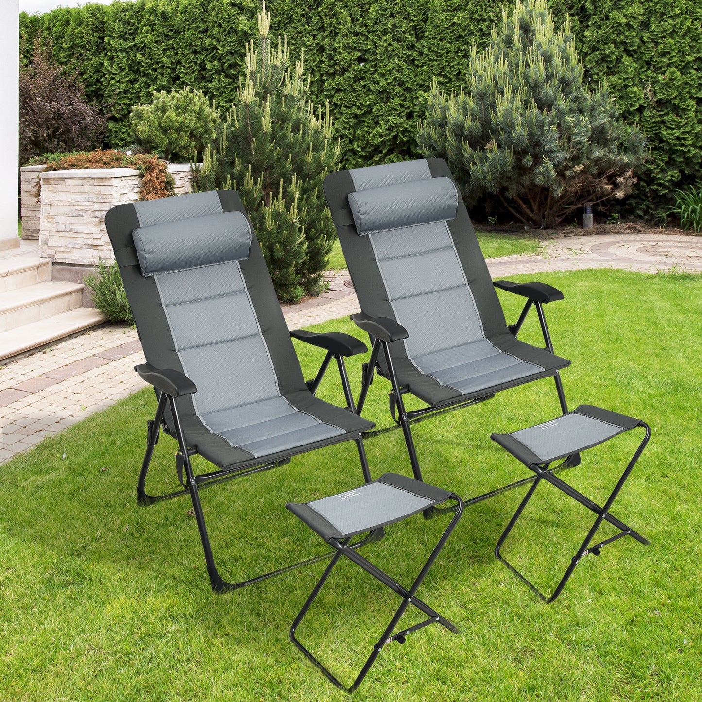 Set of 4 Patio Dining Chairs and Ottoman with 7-Position Adjustable Backrest-Grey