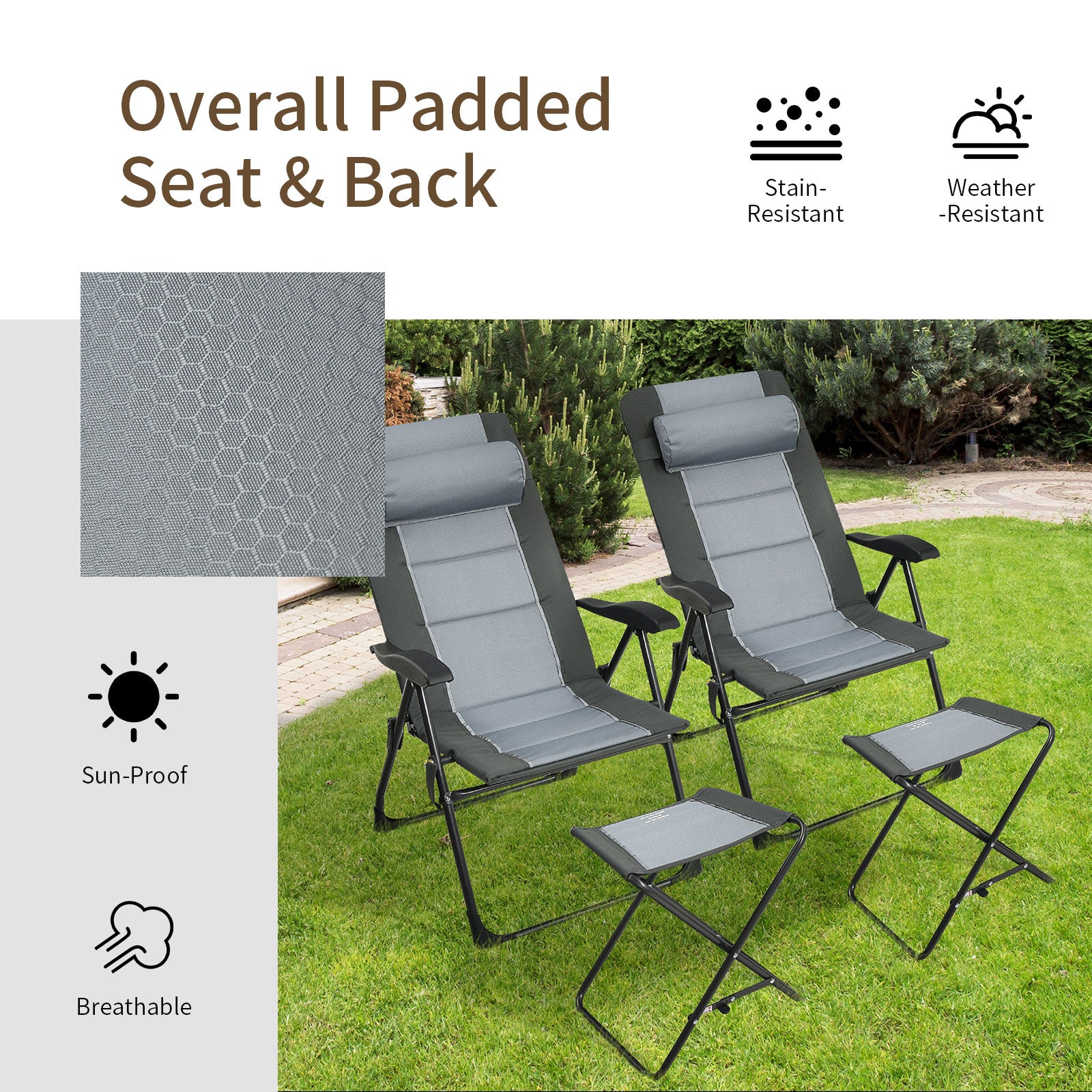 Set of 4 Patio Dining Chairs and Ottoman with 7-Position Adjustable Backrest-Grey