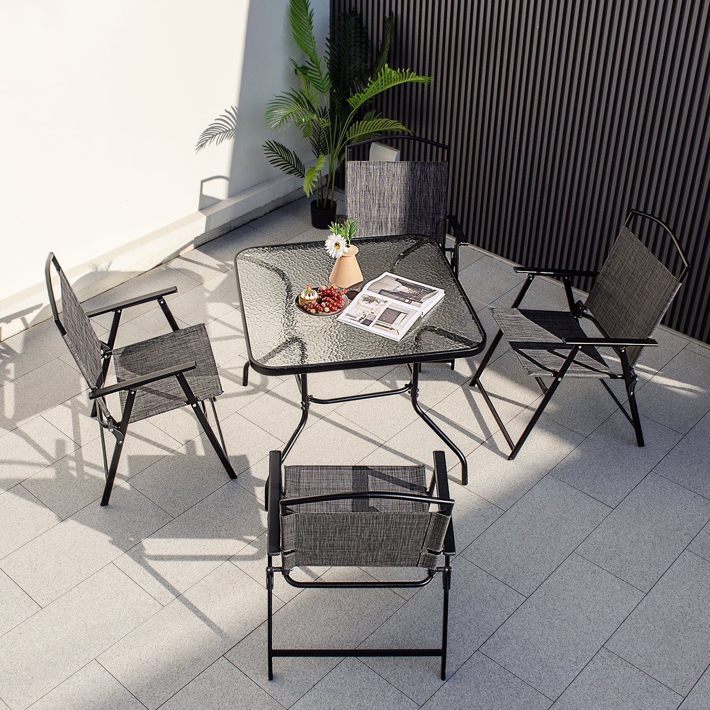 Folding Chairs snd Dining Table Set with Umbrella Hole-Grey