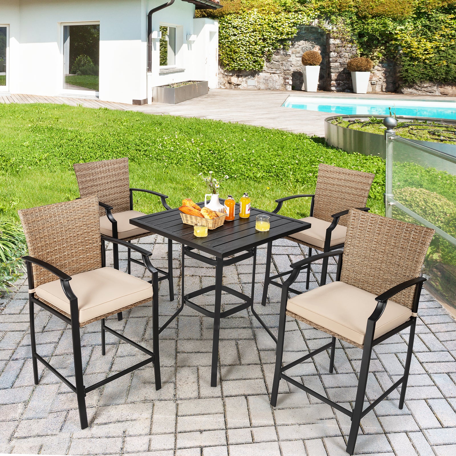 Patio Rattan Bar Stools Set of 4 with Soft Cushions High Backrest