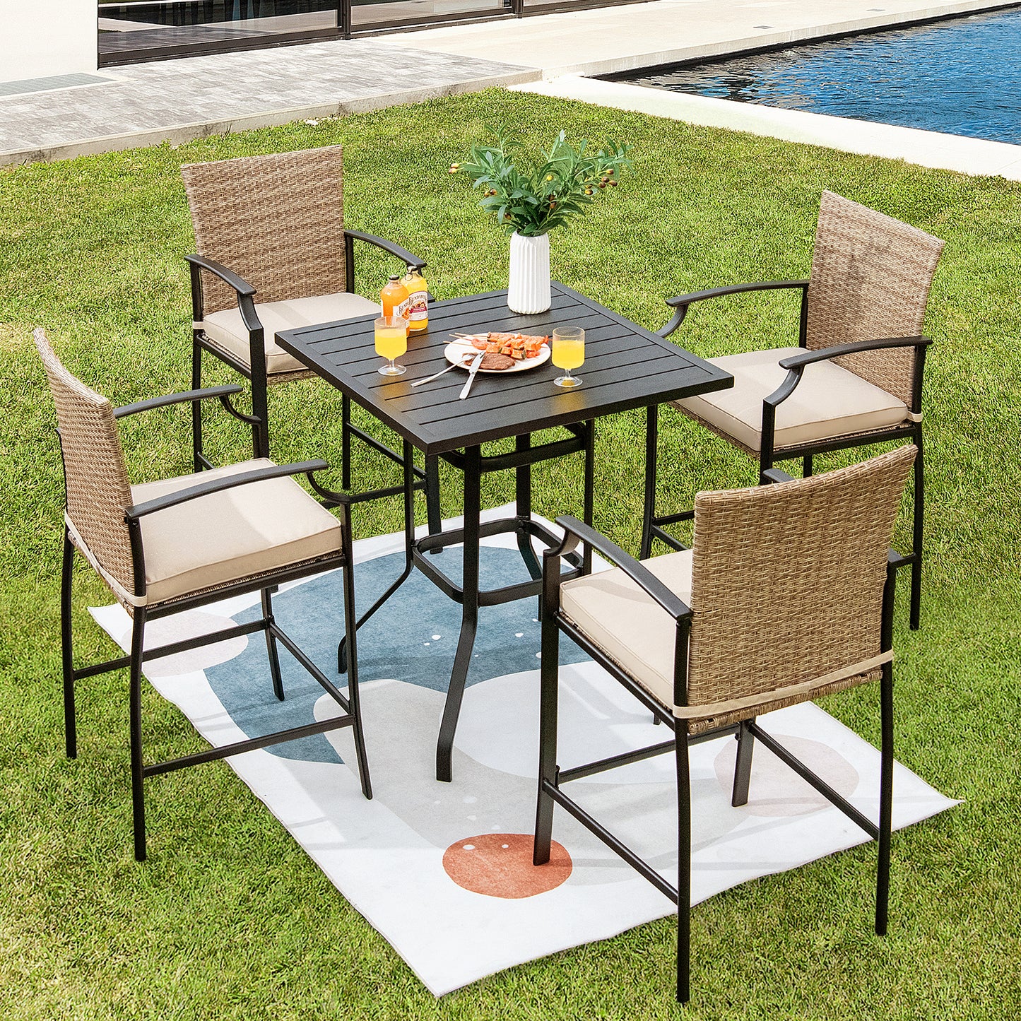 Patio Rattan Bar Stools Set of 4 with Soft Cushions High Backrest