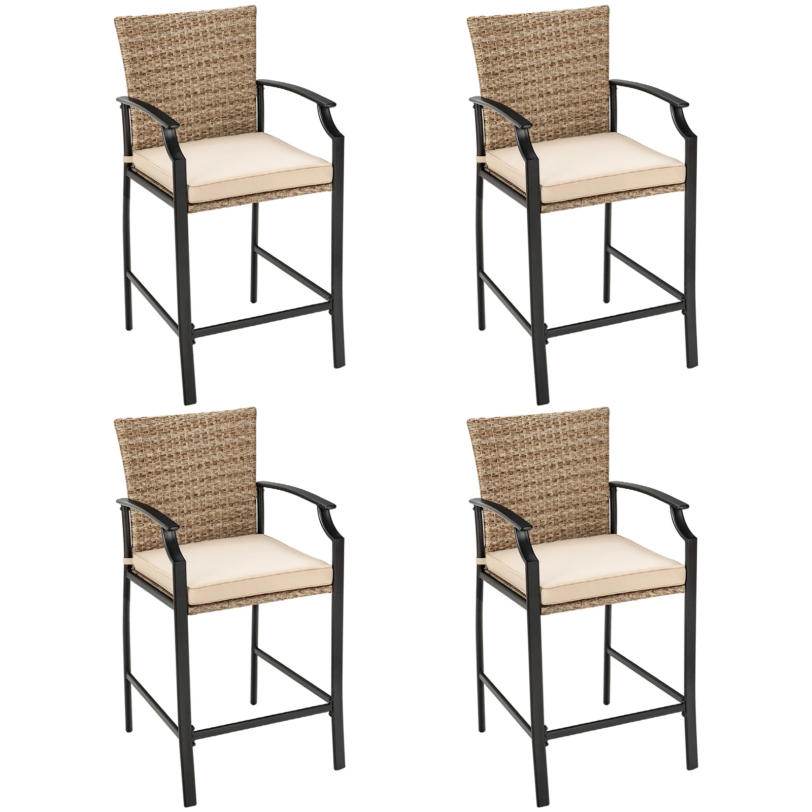 Patio Rattan Bar Stools Set of 4 with Soft Cushions High Backrest