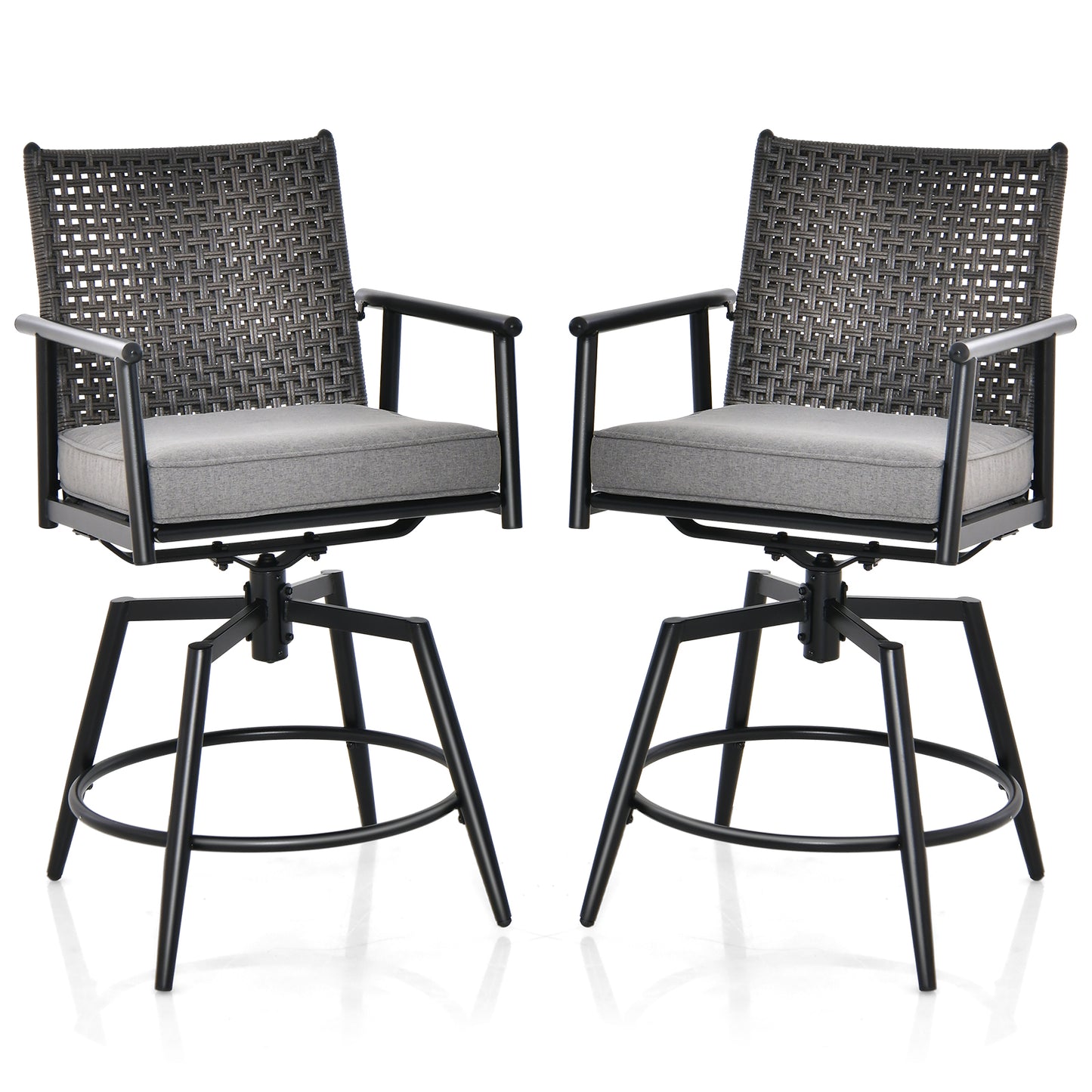 Patio Swivel Bar Stools Set of 2 with PE Rattan Back and Metal Frame-Black