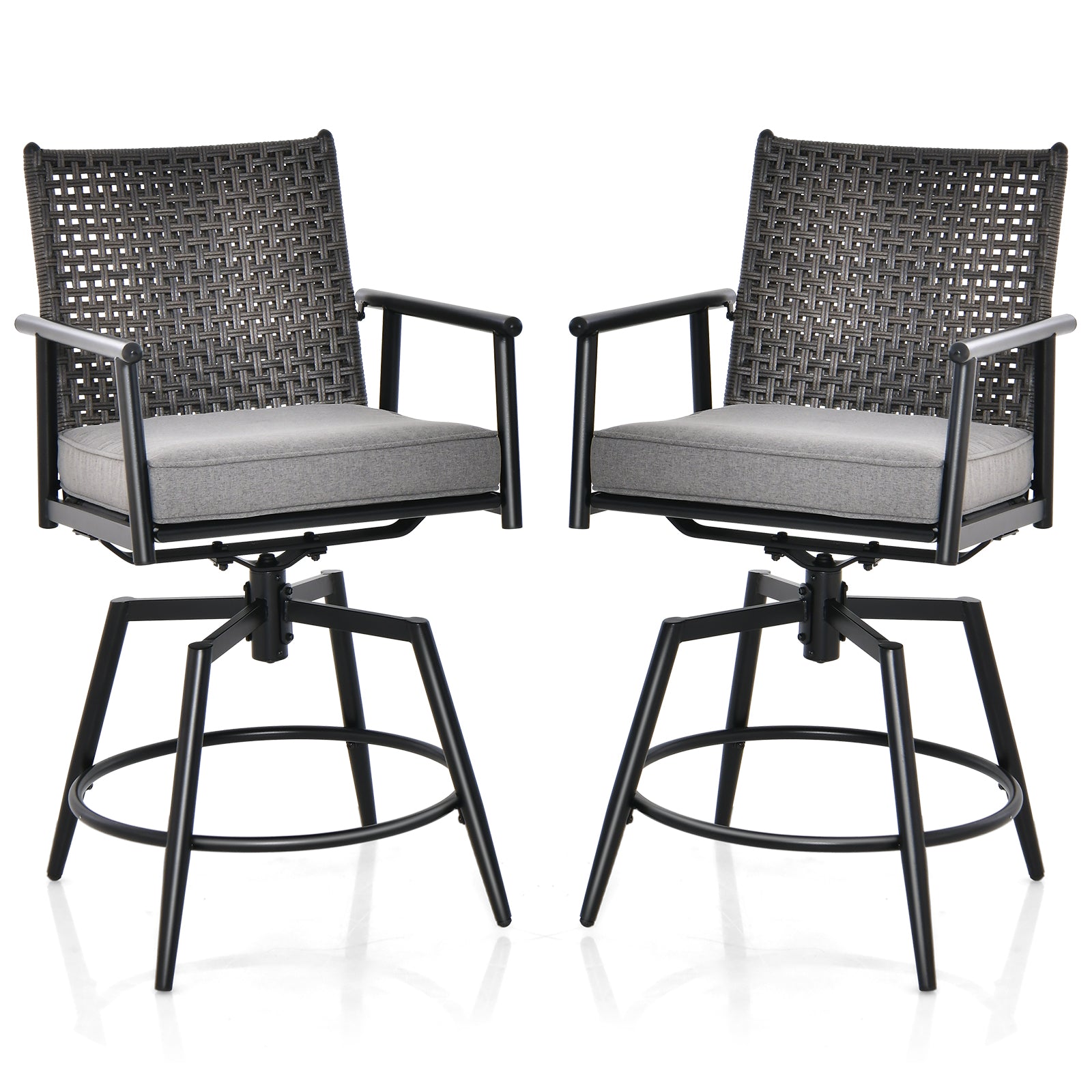 Patio Swivel Bar Stools Set of 2 with PE Rattan Back and Metal Frame-Black