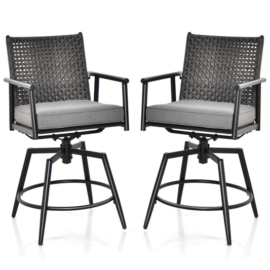 Patio Swivel Bar Stools Set of 2 with PE Rattan Back and Metal Frame-Black