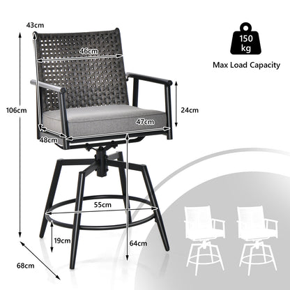 Patio Swivel Bar Stools Set of 2 with PE Rattan Back and Metal Frame-Black