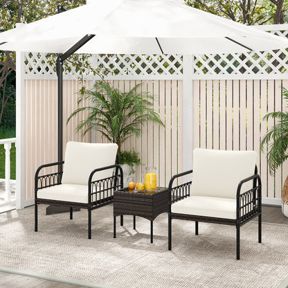 3 Pieces Patio Wicker Furniture Set with Cushioned Chairs and Tempered Glass Coffee Table-White