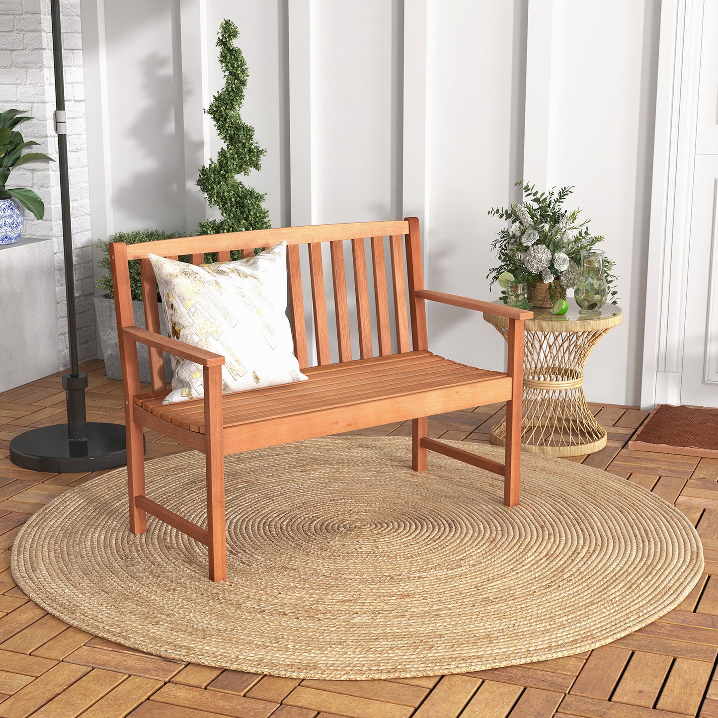 Patio Wood Bench with Cozy Armrests and Backrest