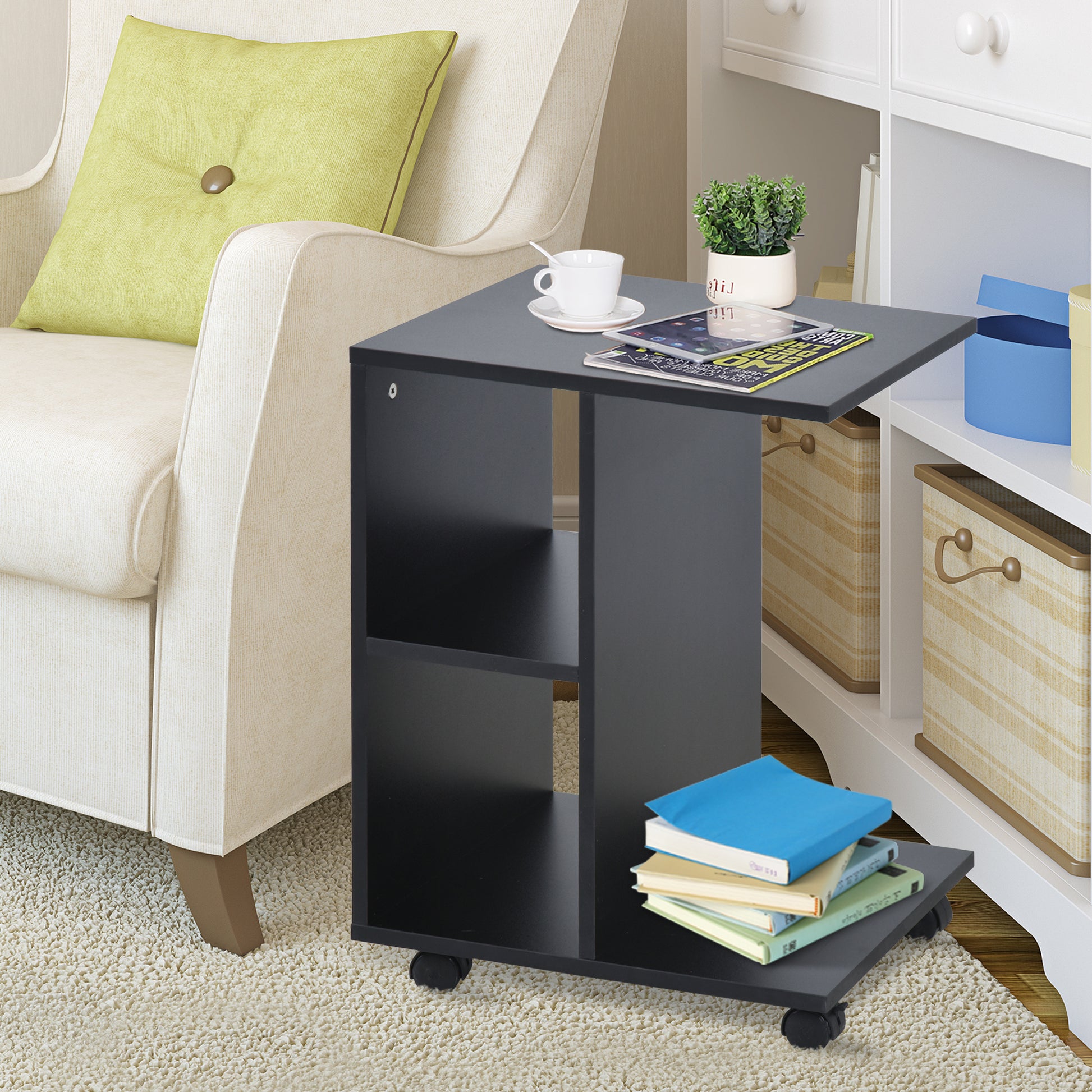 HOMCOM C-Shape End Table Unique Storage Unit w/ 2 Shelves 4 Wheels Freestanding Home Office Furniture Cabinet Square Studio Black