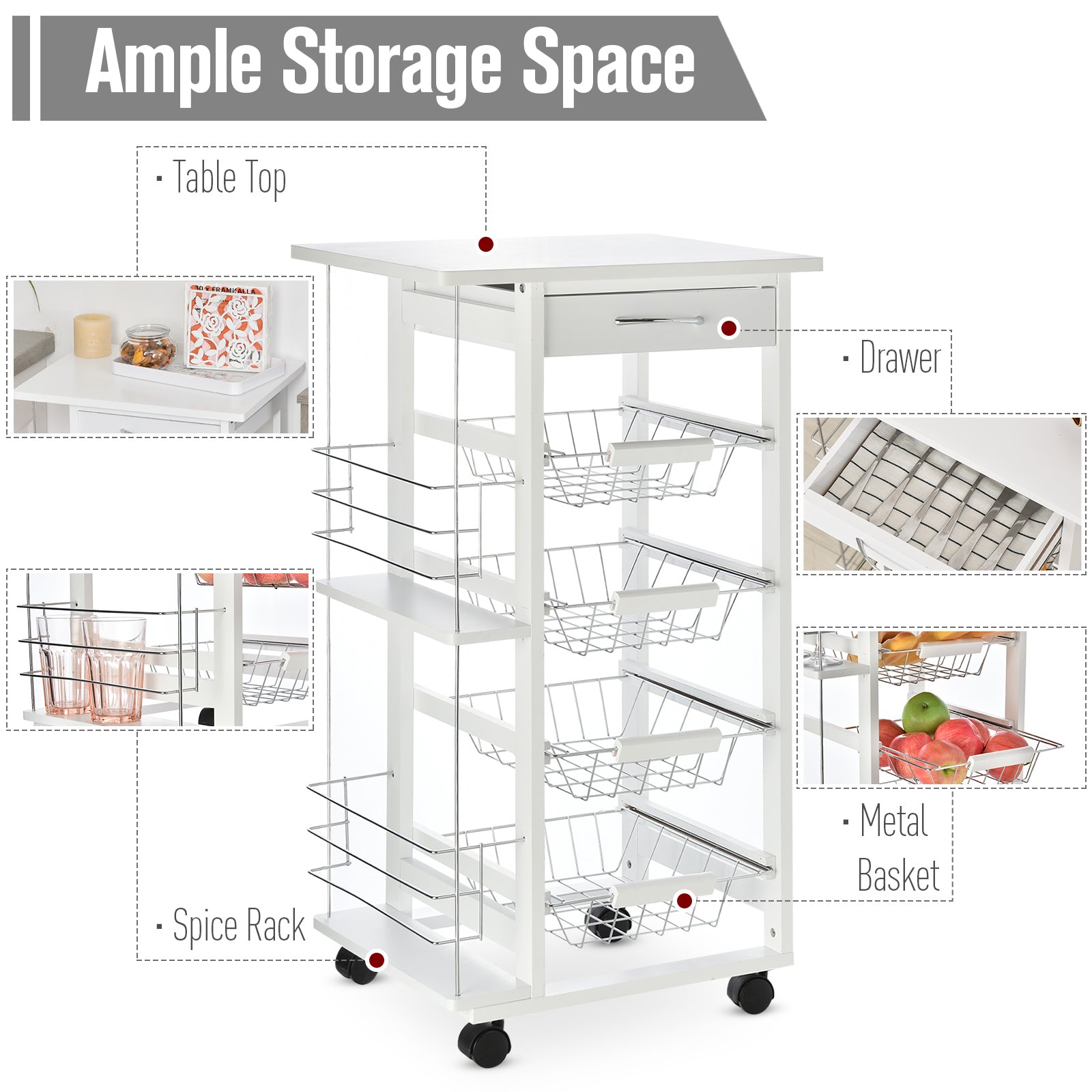 HOMCOM Multi-Use Kitchen Island Trolley w/ 4 Baskets 2 Side Racks Drawer Worktop 4 Wheels Worktop Food Storage Smooth Rolling Compact Furniture White