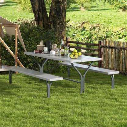 183 cm Picnic Table Bench Set with Umbrella Hole for Patio Garden Yard Poolside Party-Grey