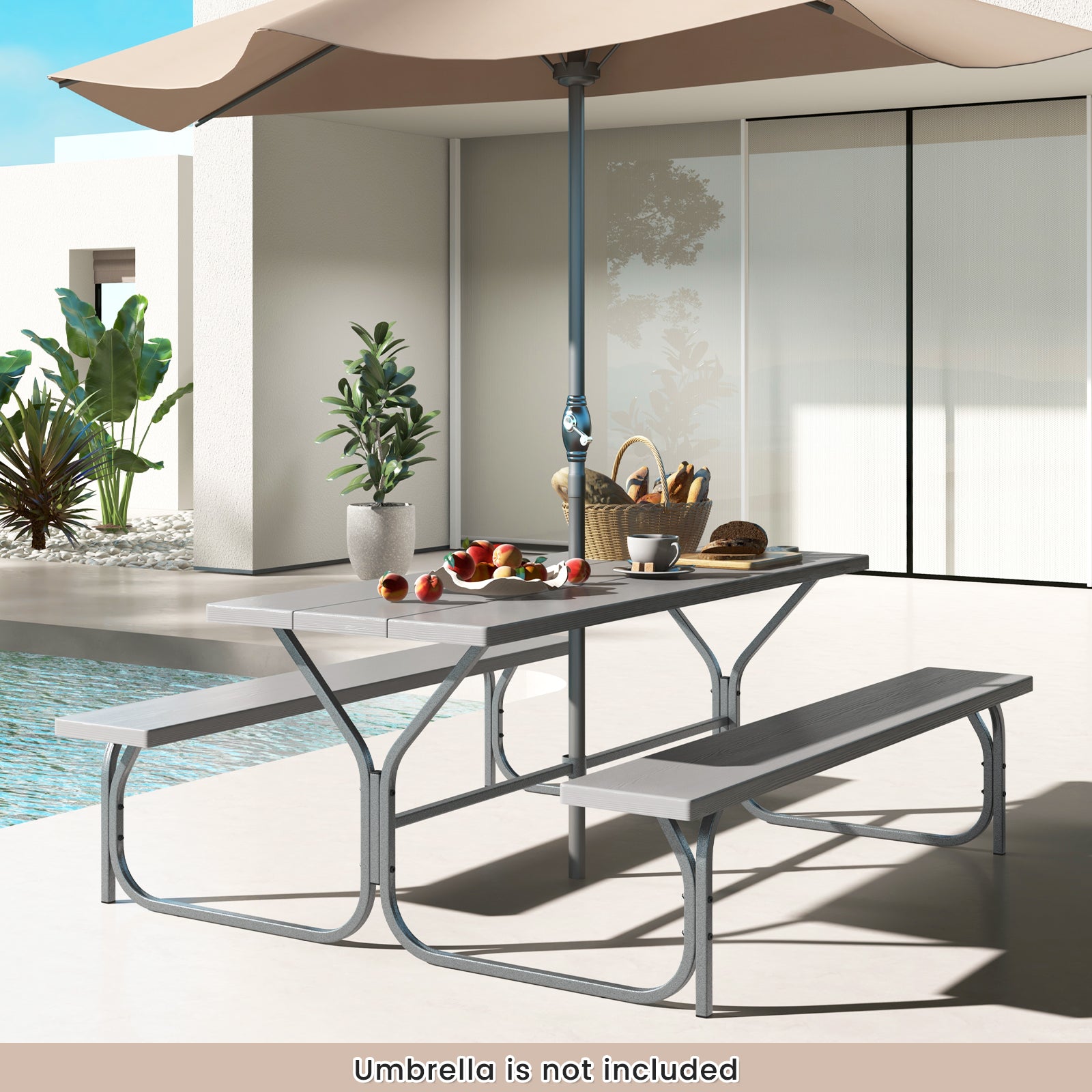 183 cm Picnic Table Bench Set with Umbrella Hole for Patio Garden Yard Poolside Party-Grey