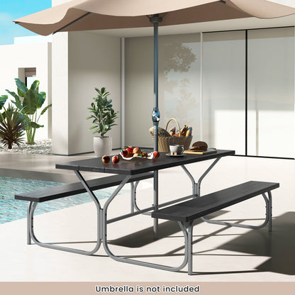 183 cm Picnic Table Bench Set with Umbrella Hole for Patio Garden Yard Poolside Party-Black