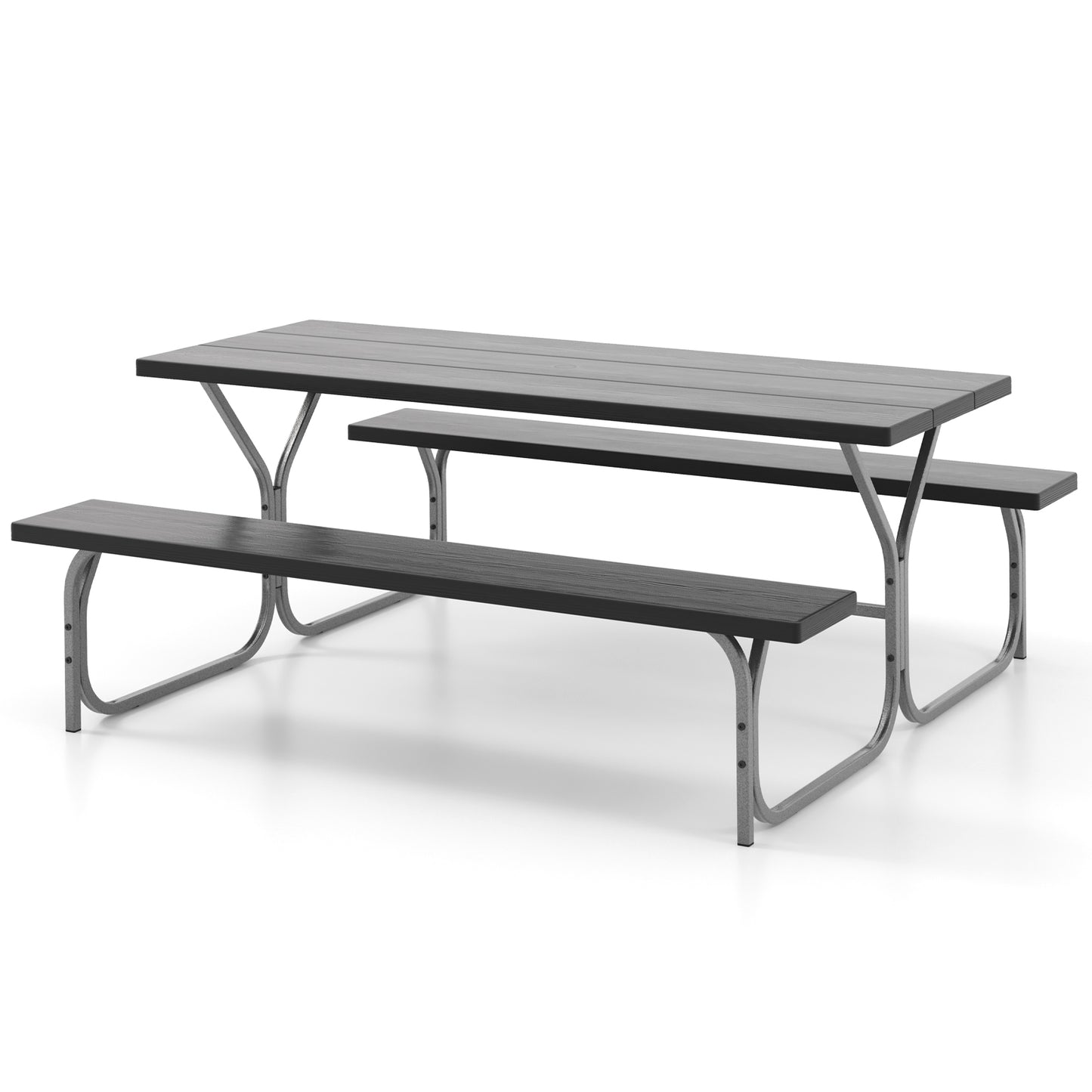 183 cm Picnic Table Bench Set with Umbrella Hole for Patio Garden Yard Poolside Party-Black