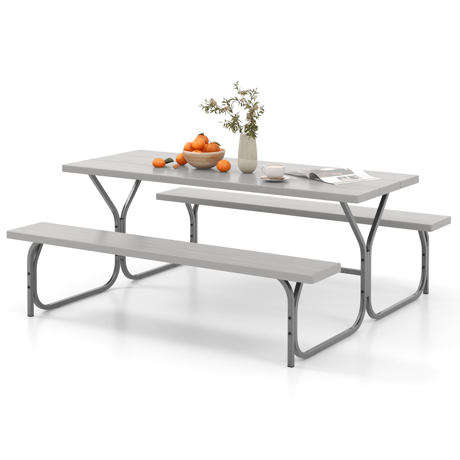 183 cm Picnic Table Bench Set with Umbrella Hole for Patio Garden Yard Poolside Party-Grey