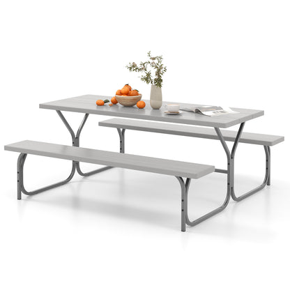 183 cm Picnic Table Bench Set with Umbrella Hole for Patio Garden Yard Poolside Party-Grey