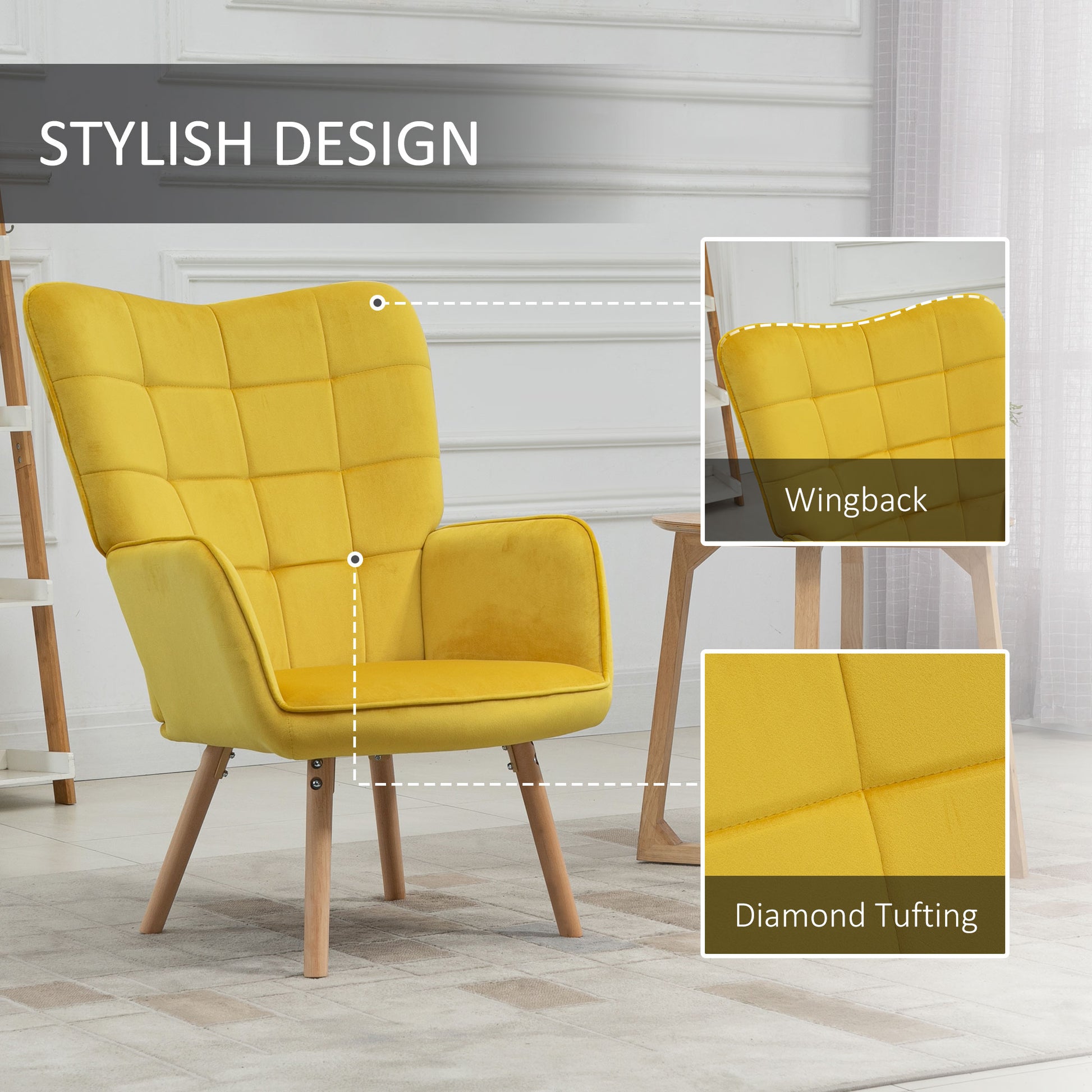 HOMCOM Modern Accent Chair Velvet-Touch Tufted Wingback Armchair Upholstered Leisure Lounge Sofa Club Chair with Wood Legs, Set of 2, Yellow