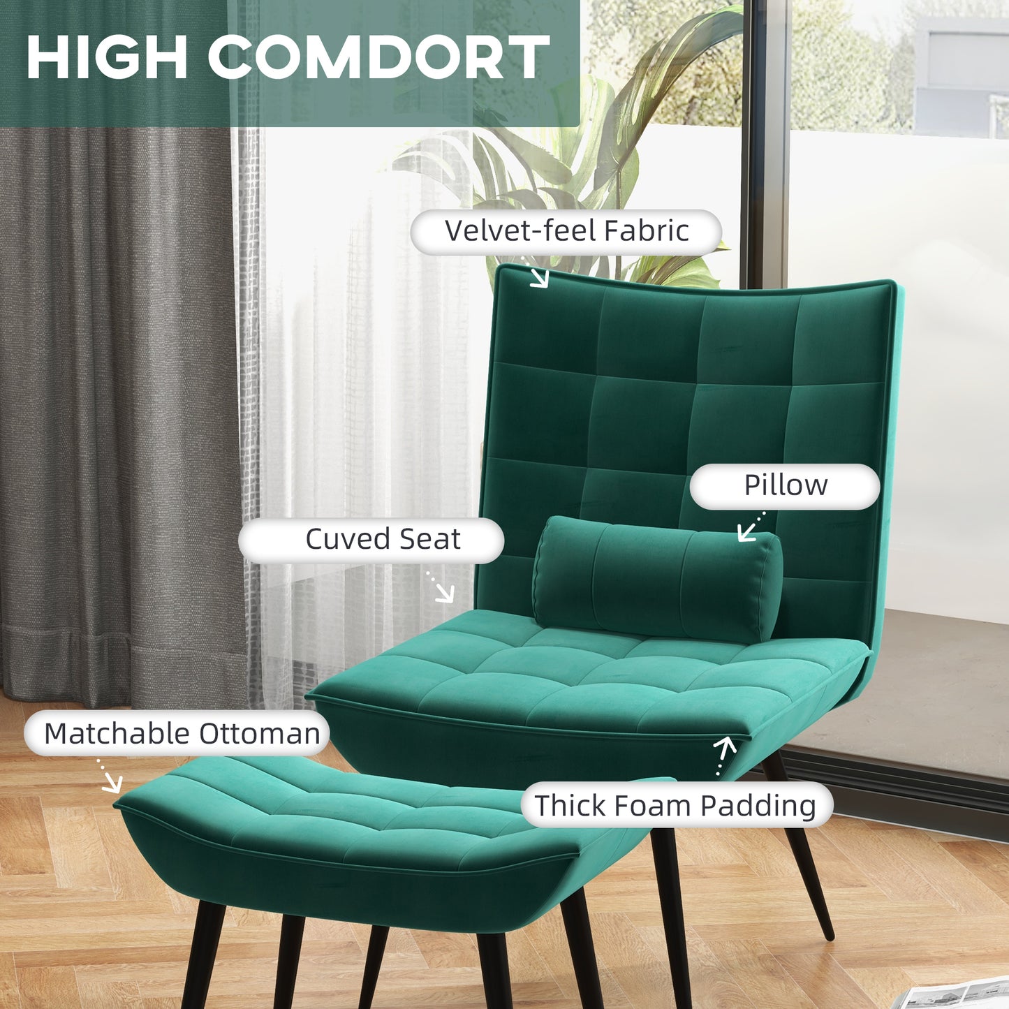 HOMCOM Armless Accent Chair w/ Footstool Set, Modern Tufted Upholstered Lounge Chair w/ Pillow, Steel Legs for Living Room, Green