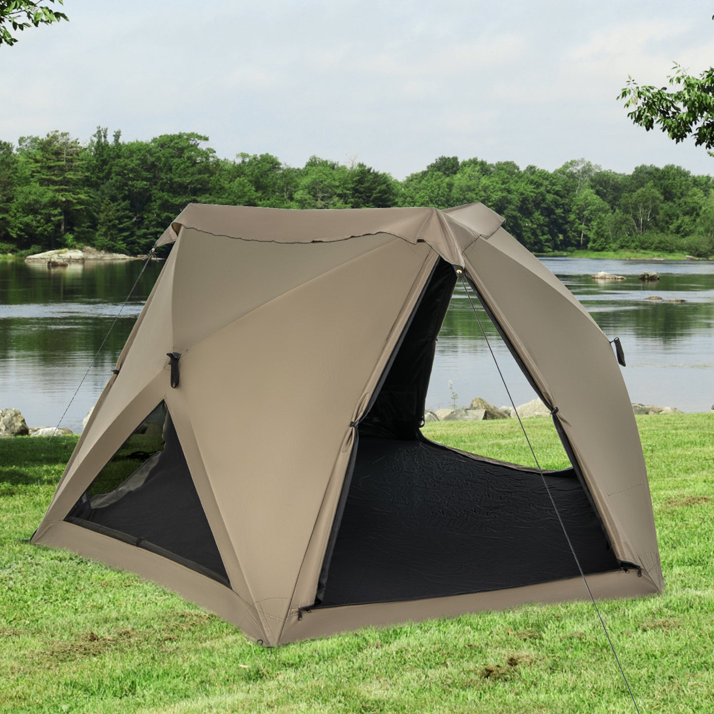 6-Sided Family Tent with Rainfly, Skylight, 3 Doors, 3 Windows-Olive Green