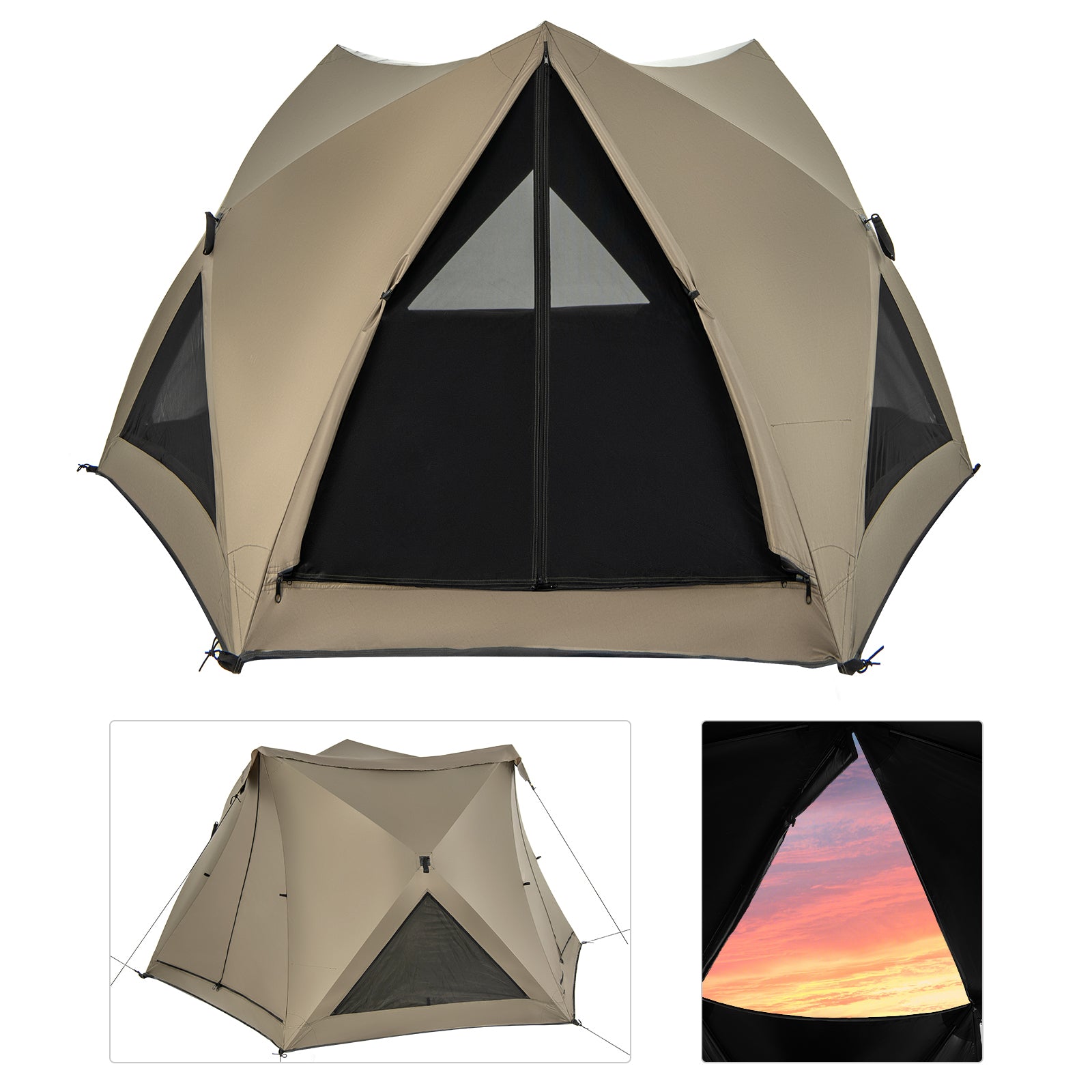 6-Sided Family Tent with Rainfly, Skylight, 3 Doors, 3 Windows-Olive Green