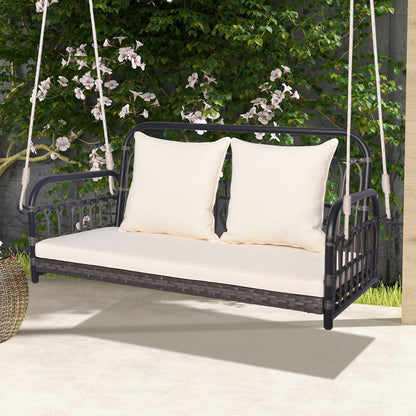 2-Person Patio Wicker Swing Chair with Removable Cushions for Garden, Poolside, Backyard-Off White