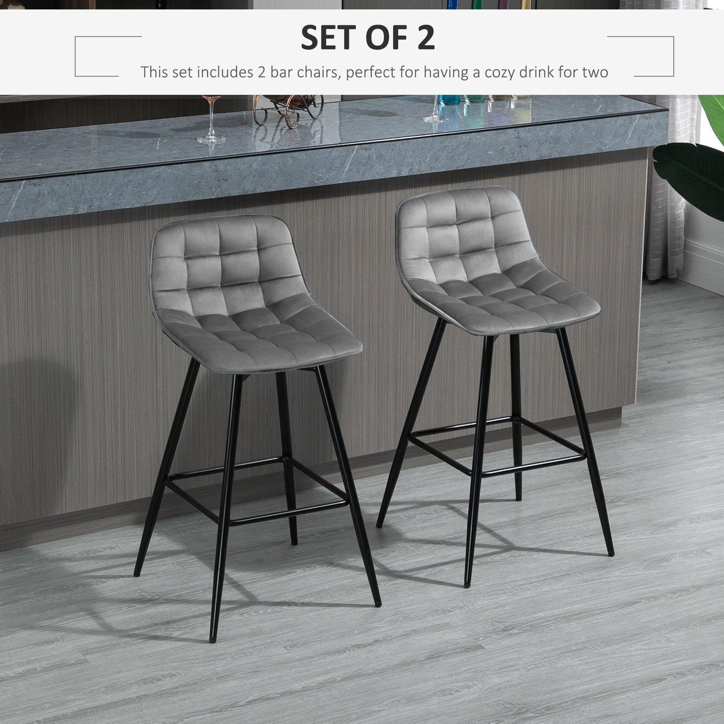 HOMCOM Set of 2 Bar stools With Backs Velvet-Touch Dining Chairs Kitchen Counter Chairs  Fabric Upholstered seat with Metal Legs, Backrest, Grey