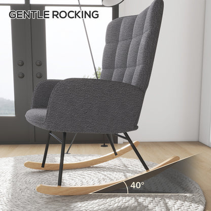 HOMCOM Wingback Rocking Chair for Nursing, Berber Fleece Nursery Glider Rocker, Modern Armchair for Living Room, Dark Grey