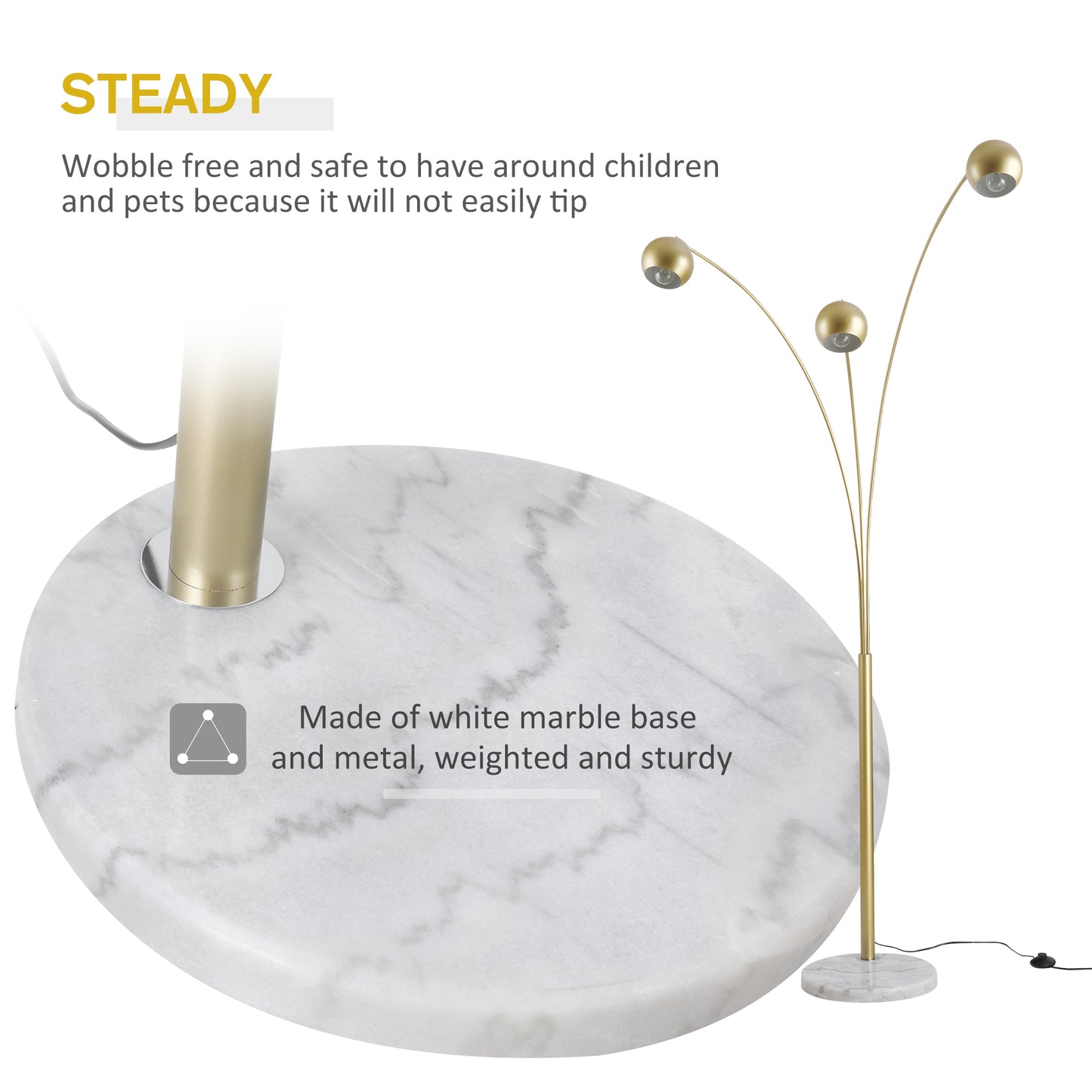 HOMCOM 3-Branch Futuristic Floor Lamp Metal Frame Multi-Light Shade Adjustable Rotating w/ Marble Base, 198cm, Gold