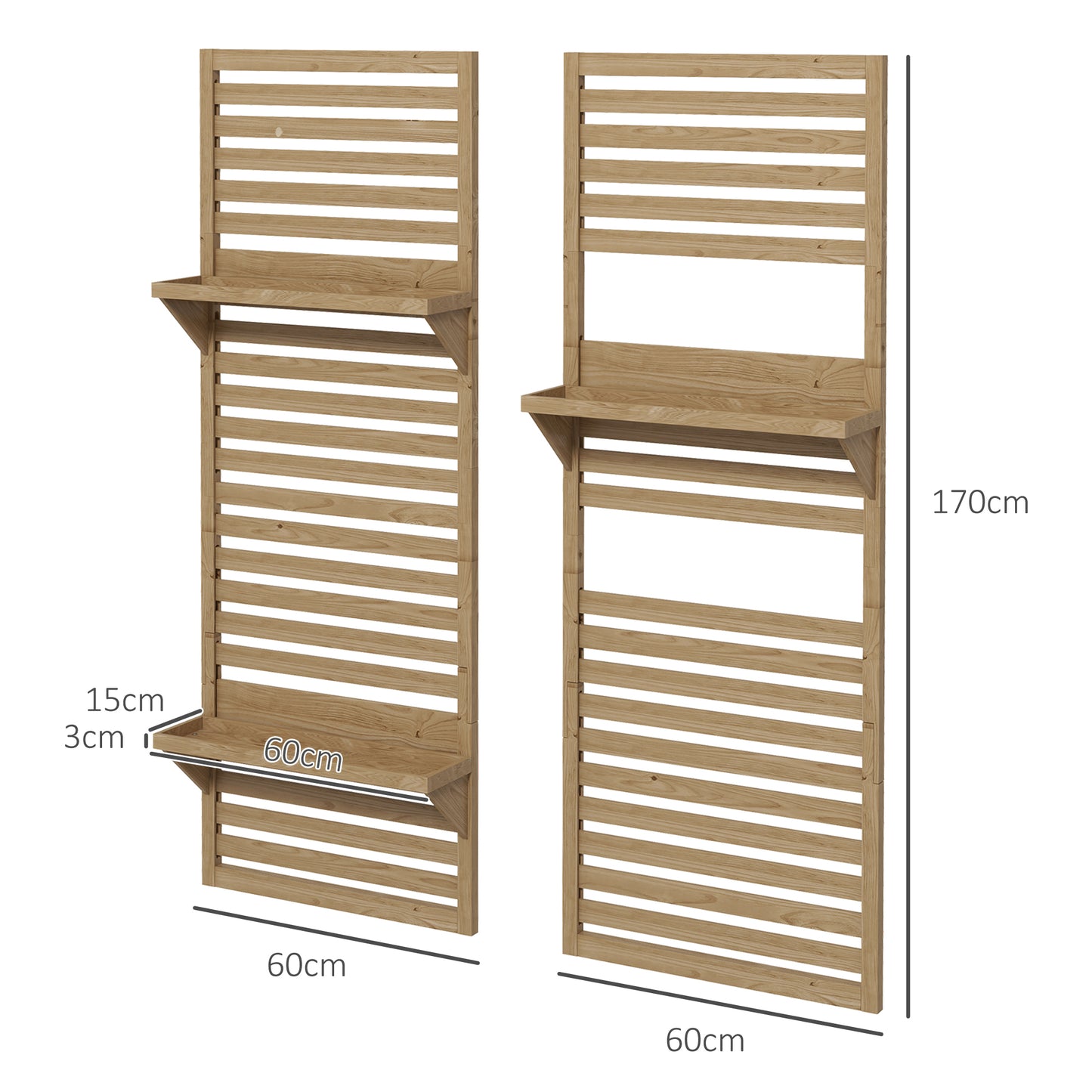 Outsunny Wall Mounted Plant Stands Set of 2, Fir Wood Flower Stand with Shelves and Slatted Trellis for Patio, Balcony, Porch  Natural Wood