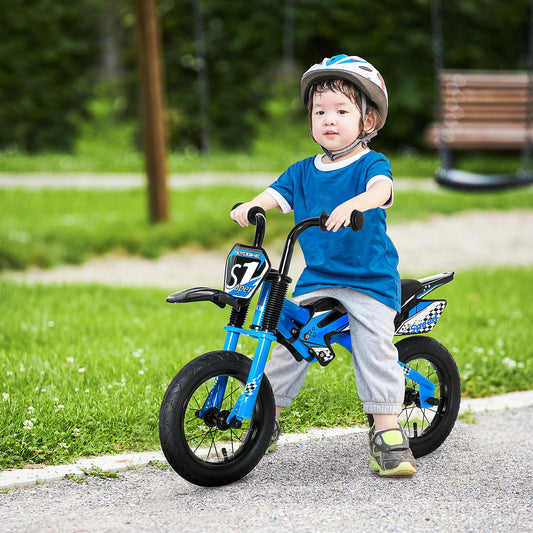 HOMCOM 12" Kids Balance Bike, No Pedal Training Bicycle, Motorbike Look, Steel Frame with Air Filled Tires, Handlebar, PU Seat for 3-6 Years Old, Blue