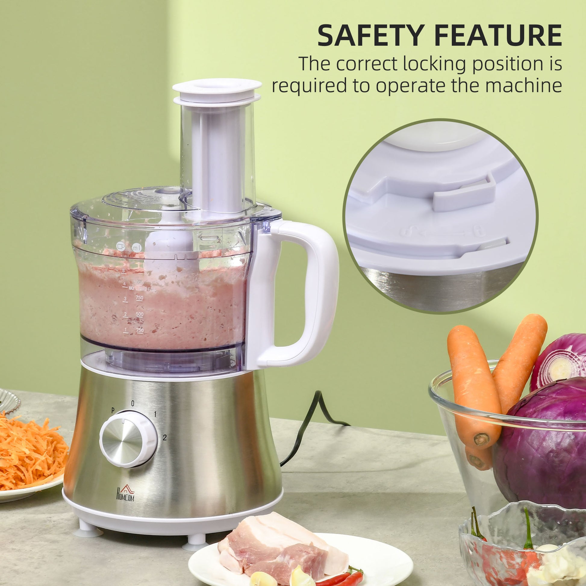 HOMCOM Food Processor with 1L Bowl, 1.5L Blender, Knife Blades, Reversible Slicing and Grating Discs, Adjustable Speed and Pulse, 500W