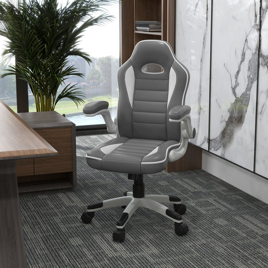 HOMCOM Racing Gaming Chair, PU Leather Computer Desk Chair, Height Adjustable Swivel Chair With Tilt Function and Flip Up Armrests, Grey