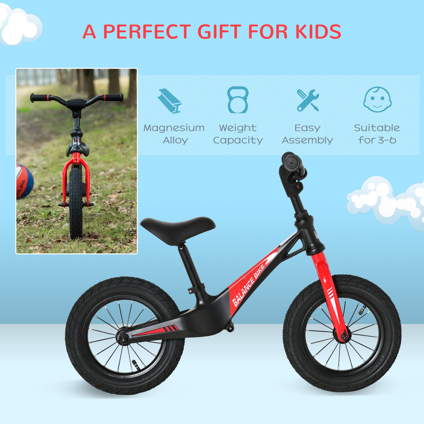 HOMCOM 30cm Kids Balance Bike, No Pedal Training Bicycle, w/ Air Filled Tires, Adjustable Handlebar, Padded Seat, for Children Aged 3-6