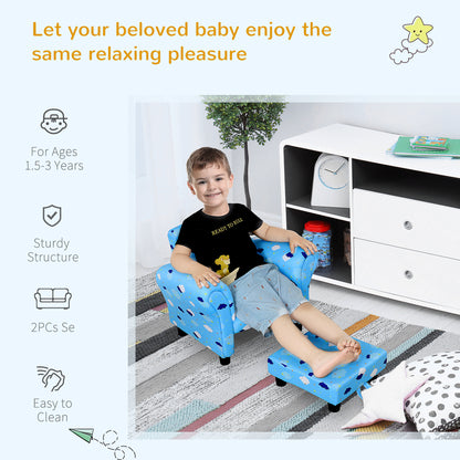 HOMCOM Childrens Sofa Mini Sofa Wood Frame w/ Footrest Anti-Slip Legs High Back Arms Bedroom Playroom Furniture Cute Cloud Star Blue