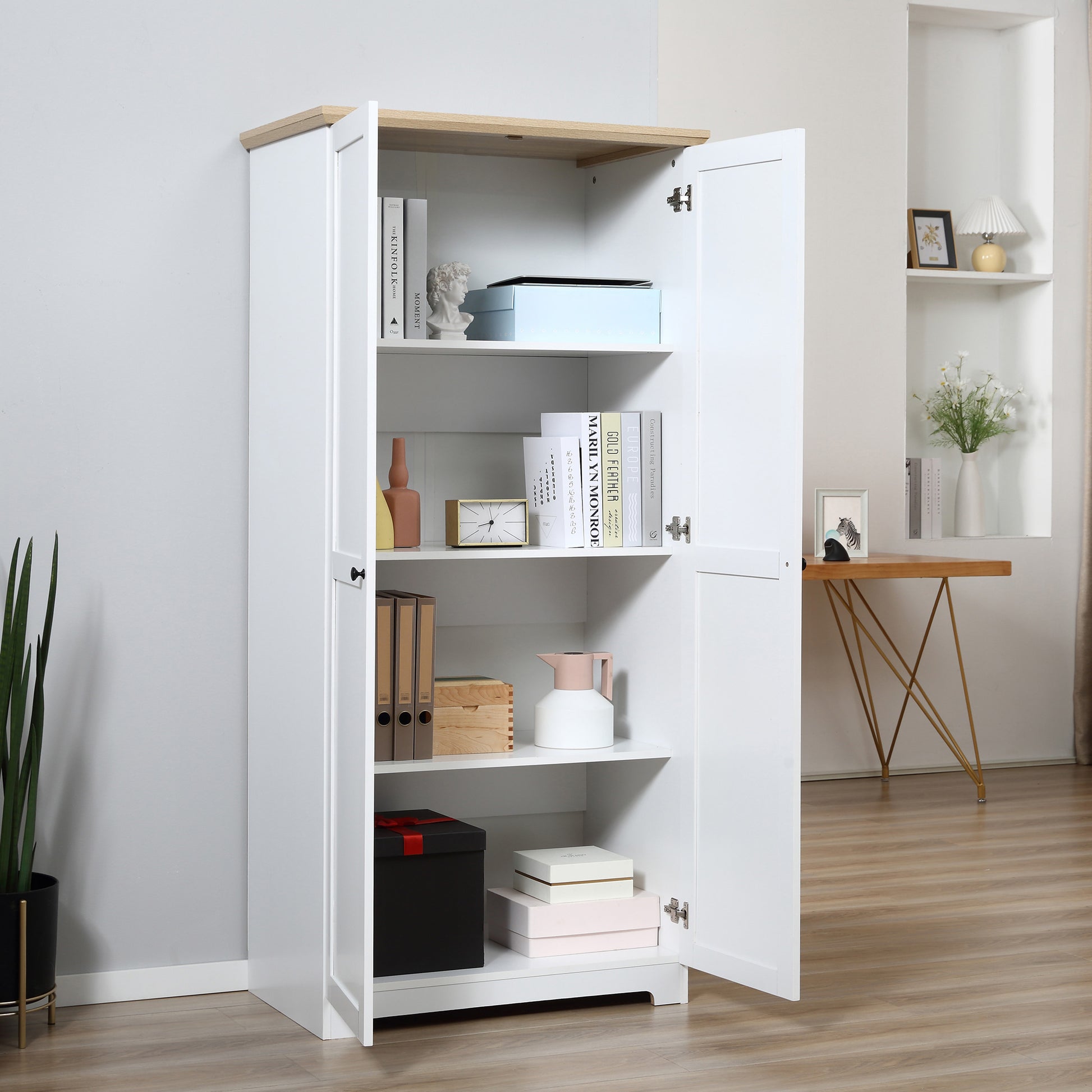 HOMCOM 172cm Wooden Storage Cabinet Cupboard With 2 Doors 4 Shelves White Pantry Closet