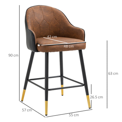 HOMCOM Modern Bar Stools Set of 2, Upholstered PU Leather Kitchen Stool, Bar Chairs with Tufted Back Steel Legs, Brown