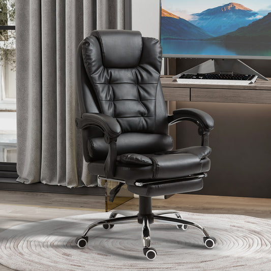 HOMCOM Executive Office Chair, All-round Adjustable PU Leather Home Office Chair with Swivel Wheels, Reclining Backrest, Retractable Footrest, Black