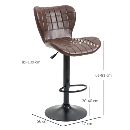 HOMCOM Bar Stools Set of 2 Adjustable Height Swivel Bar Chairs in PU Leather with Backrest & Footrest, Brown