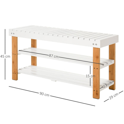 HOMCOM Shoe Bench, 3-Tier Wooden Shoe Rack with Hidden Storage Compartment, Slatted Shelves, Home Storage Unit, Natural, 90L x 29W x45H cm