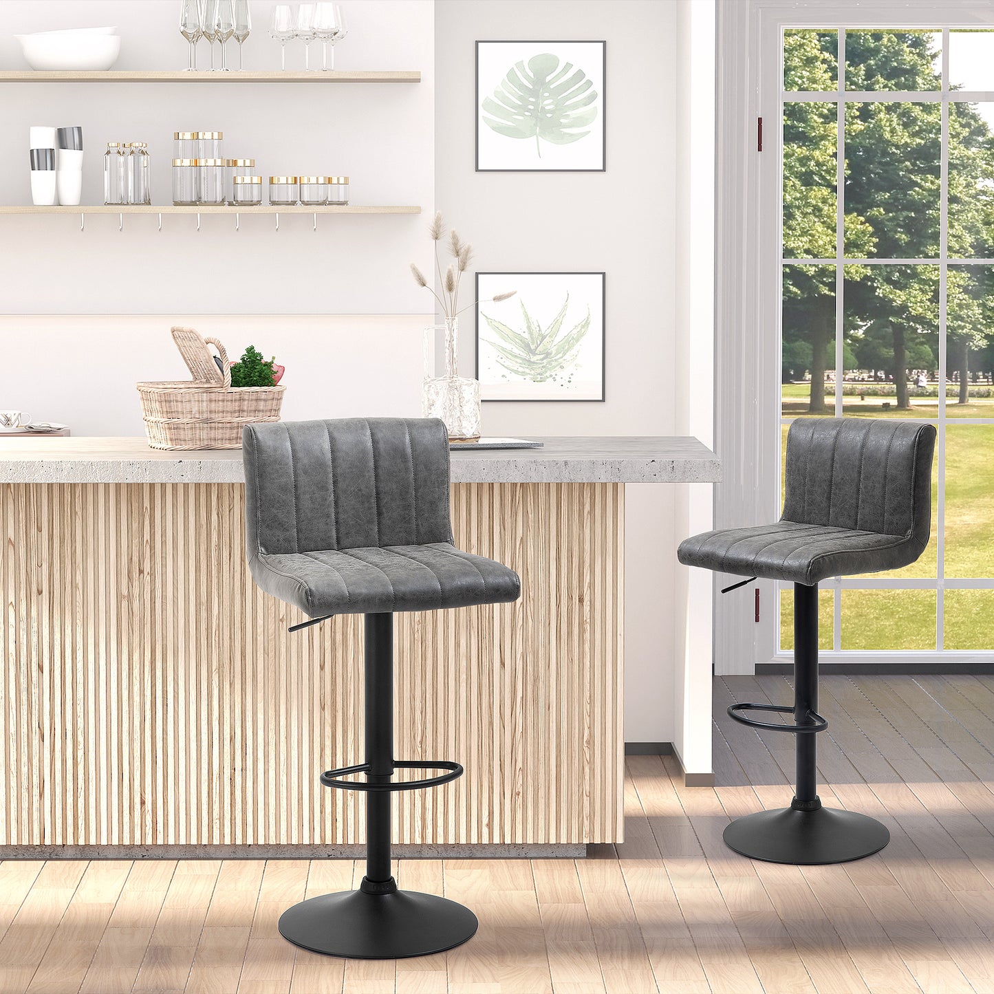 HOMCOM Set of 2 Adjustable Height Bar Chairs with Footrest, Bar Stools Set of 2 for Home Dining Areas, PU Leather, Gas Lift, Grey