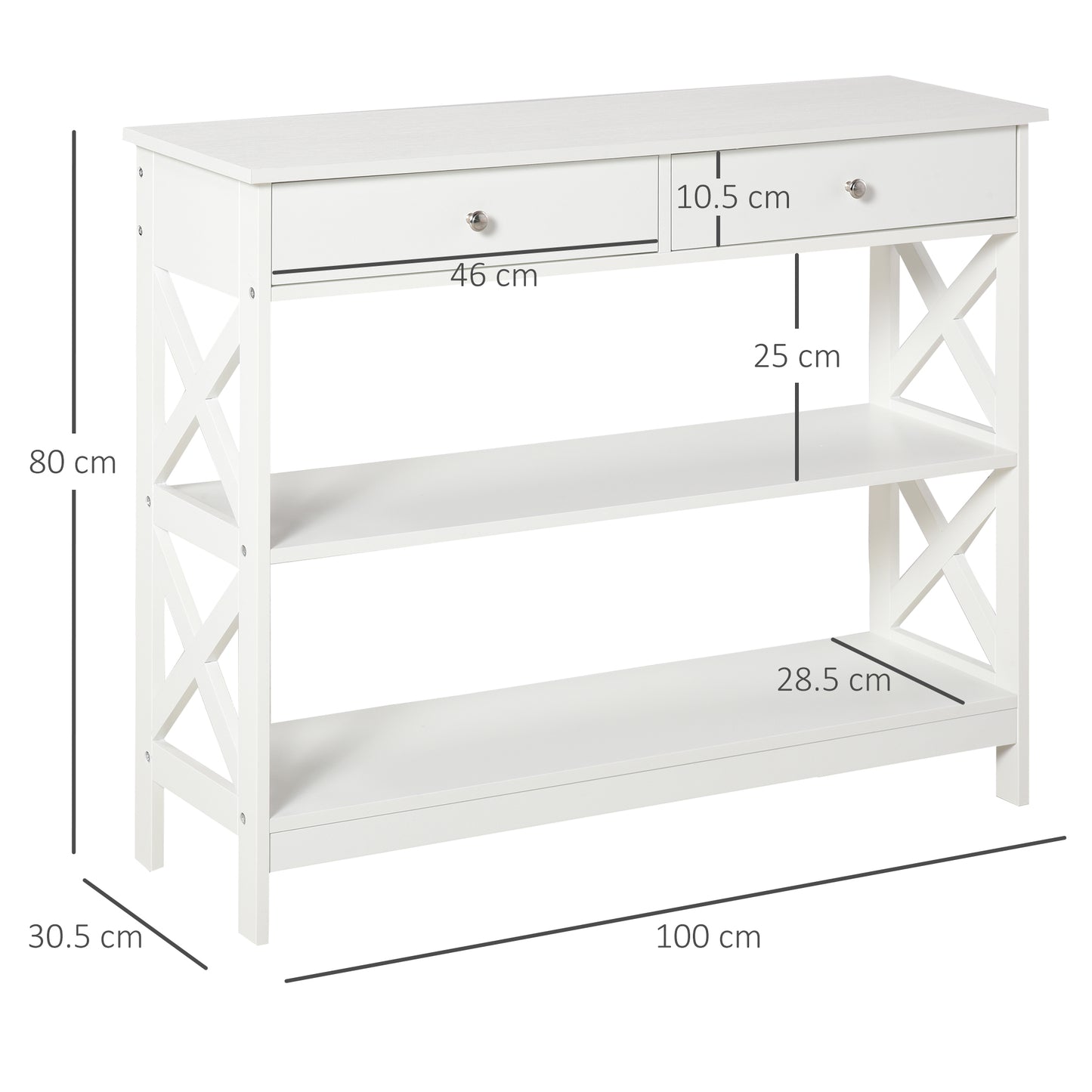 HOMCOM Console Table Side Desk w/ Shelves Drawers Open Top X Support Frame Living Room Hallway Home Office Furniture White