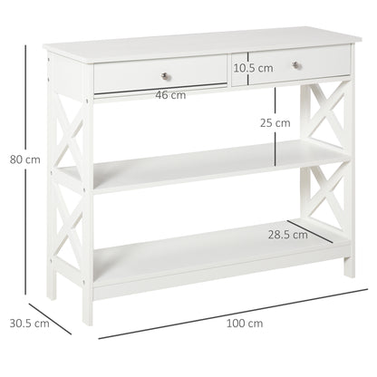 HOMCOM Console Table Side Desk w/ Shelves Drawers Open Top X Support Frame Living Room Hallway Home Office Furniture White