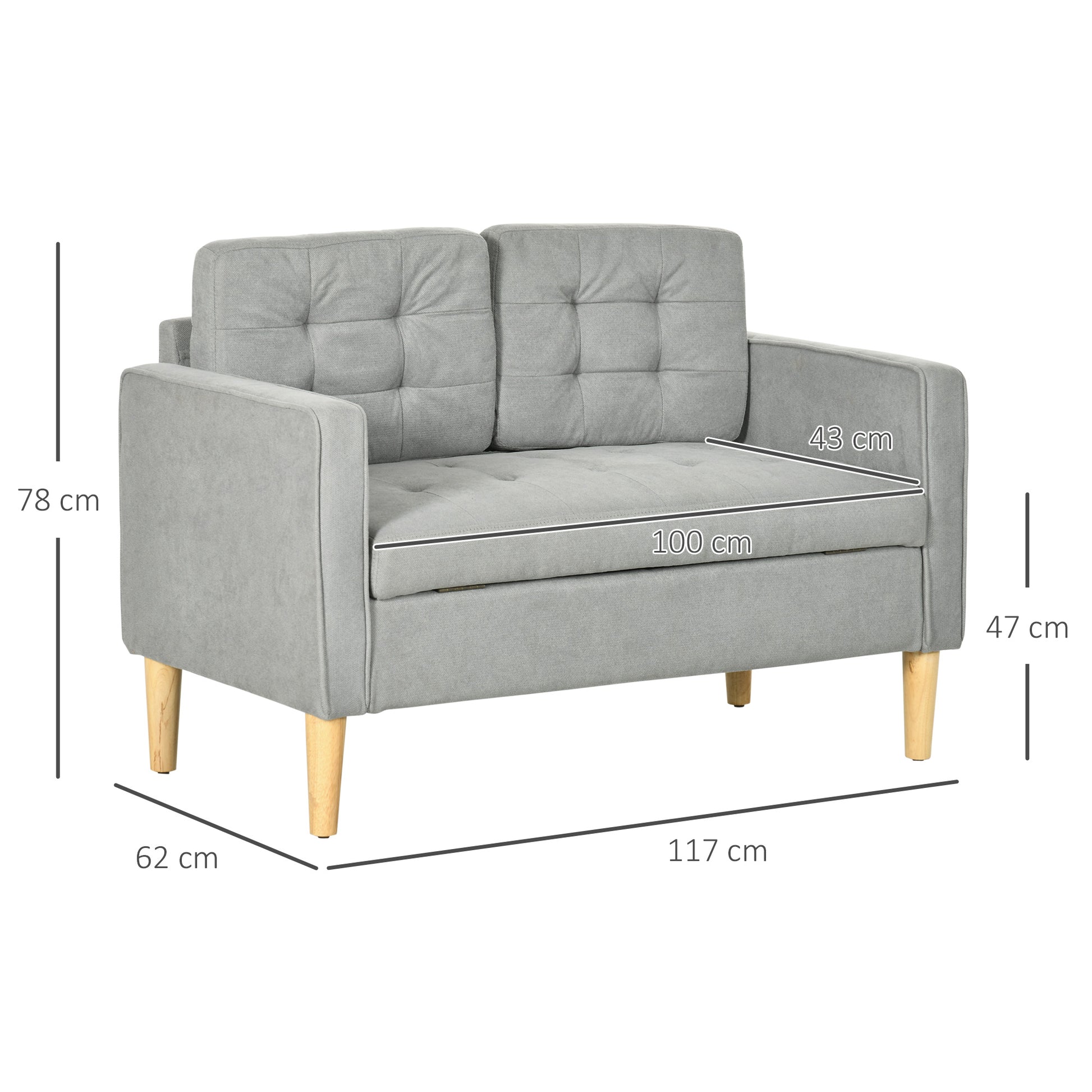 HOMCOM Modern 2 Seater Sofa with Hidden Storage, 117cm Tufted Cotton Couch, Compact Loveseat Sofa with Wood Legs, Light Grey