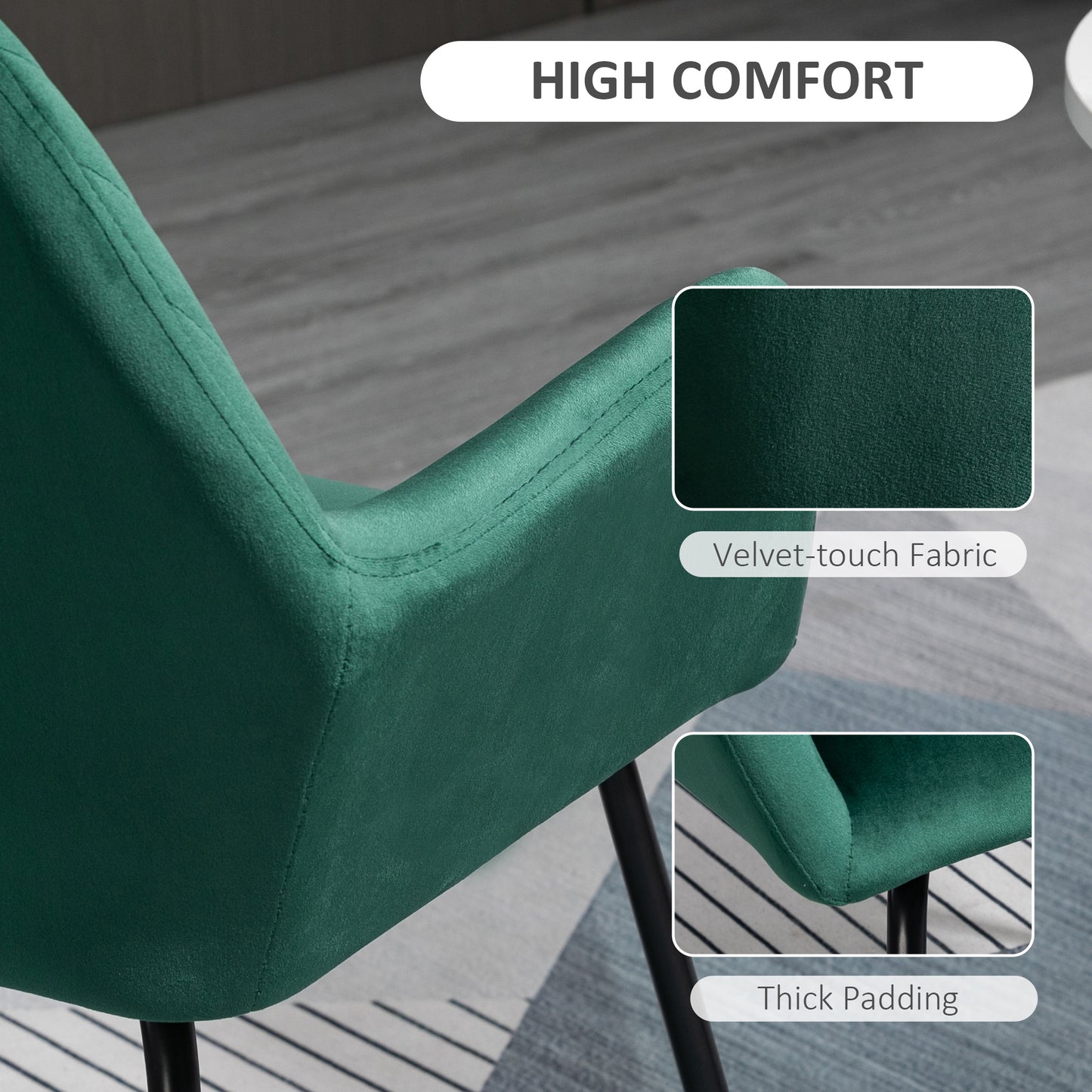 HOMCOM Modern Accent Chair, Velvet-Feel Fabric Upholstered Armchair with Metal Base for Living Room, Set of 2, Green