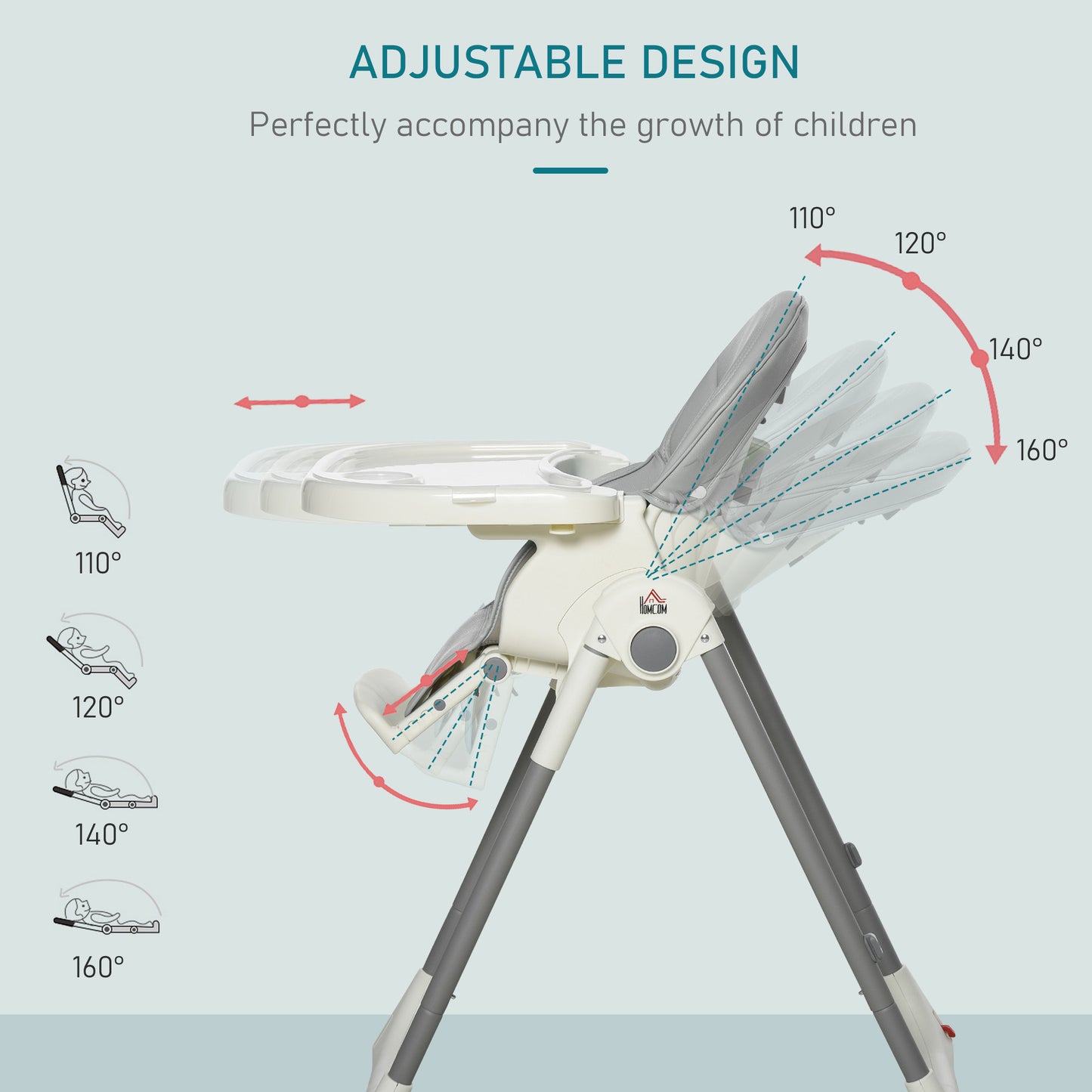 HOMCOM Foldable Baby High Chair Convertible to Toddler Chair Height Adjustable with Removable Tray 5-Point Harness Mobile with Wheels Grey