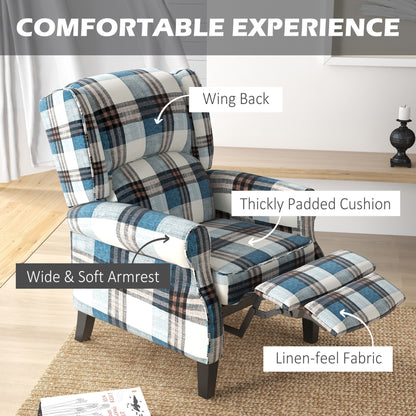 HOMCOM Wingback Reclining Chair Push Back Recliner Armchair for Living Room Bedroom with Footrest Armrests Wood Legs Blue