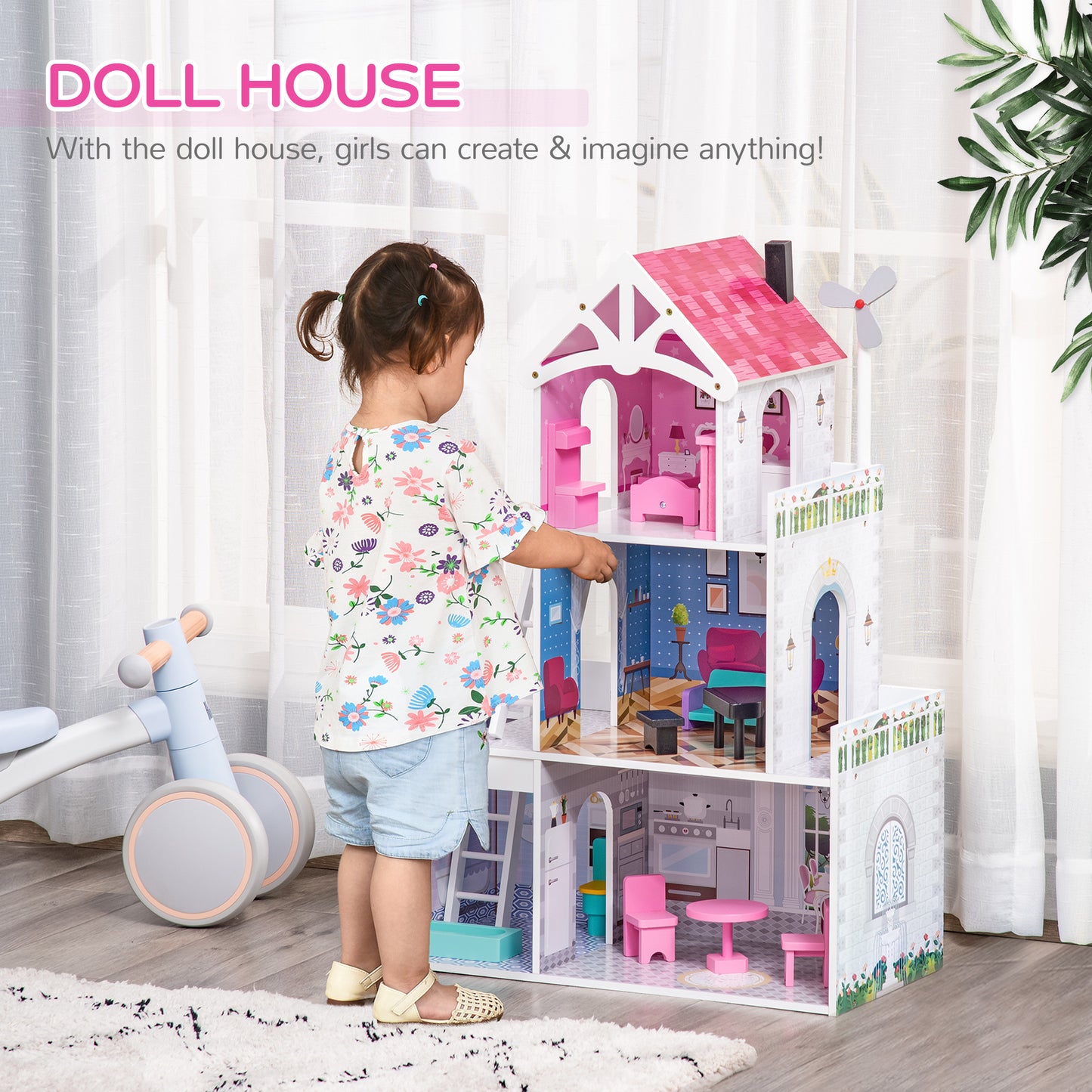 HOMCOM Kids Dollhouse Dreamhouse Villa for Toddler Girls Multi-level House for Children with Furniture Accessories Kit Pink