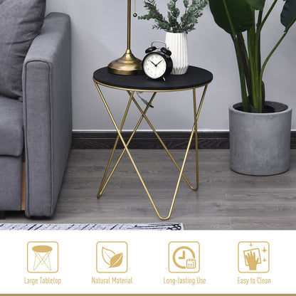 HOMCOM Wooden Metal Round Coffee Table Sofa End Side Bedside Table Modern Style Living Room Decor  - Black Gold Color (?43cm)