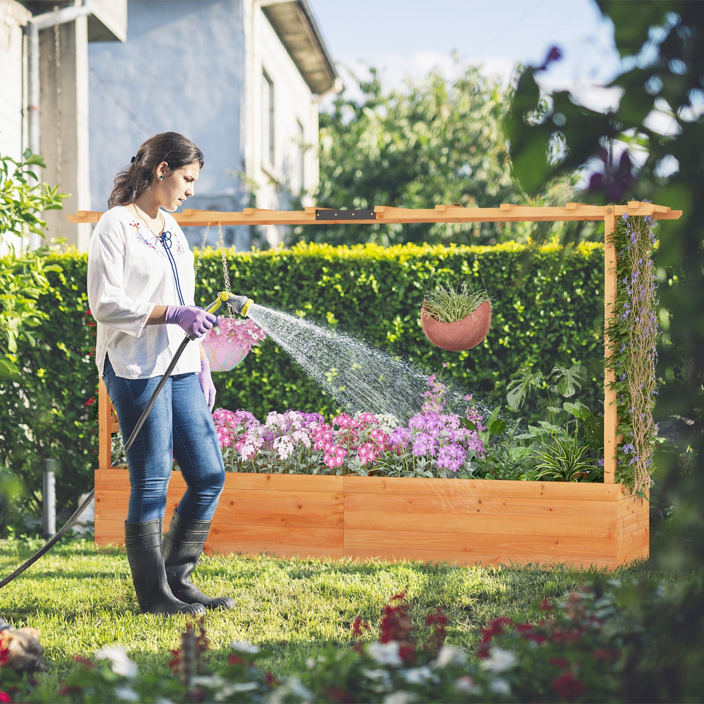 Raised Garden Bed with 2-Sided Trellis and Hanging Roof-Orange